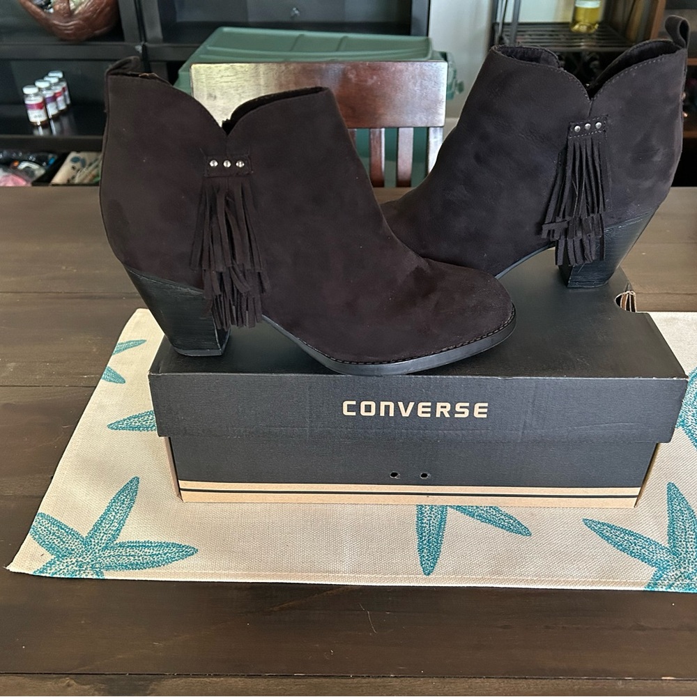 Black Ankle Booties with Fringe